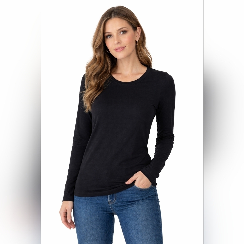 Sz Large Black Susina Long Sleeve Women's Top 100% Pima Cotton Scoop Neck